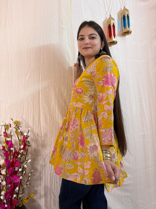 Marigold Bloom Printed Pure Cotton Peplum Tunic