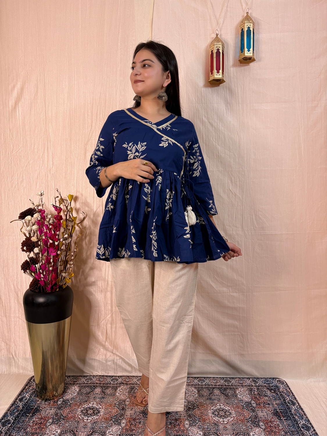 Navy Blue Bloom Angrakha Pure Cotton Tunic