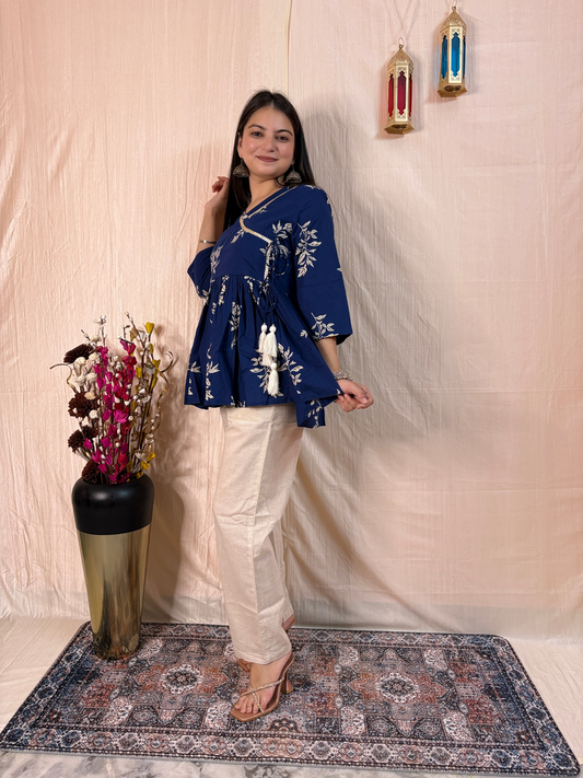 Navy Blue Bloom Angrakha Pure Cotton Tunic
