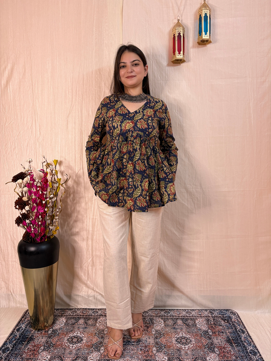 Midnight Garden Printed Pure Cotton Peplum Tunic