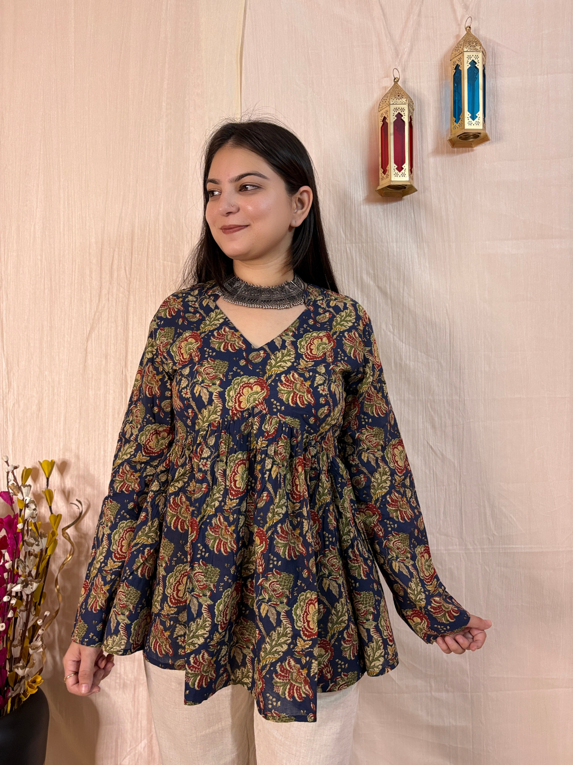 Midnight Garden Printed Pure Cotton Peplum Tunic