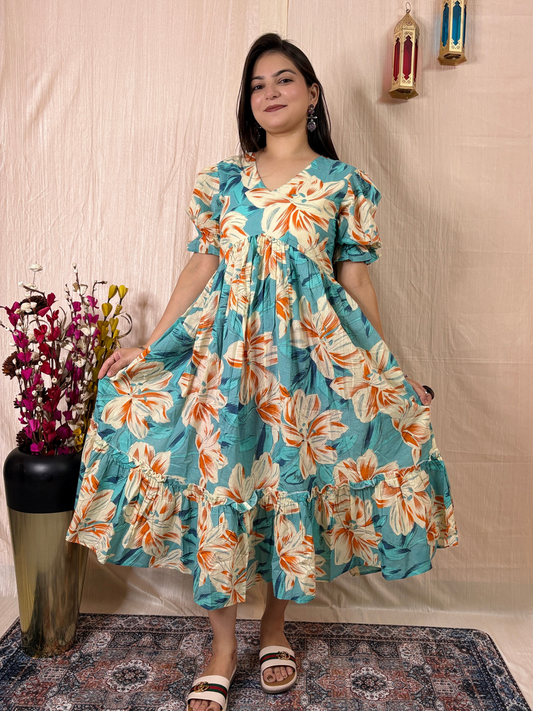 Aqua Tropical Floral Printed Pure Cotton Flared Midi Dress