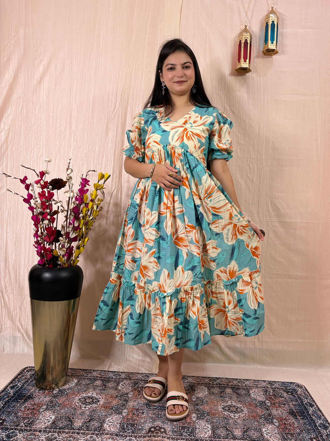 Aqua Tropical Floral Printed Pure Cotton Flared Midi Dress