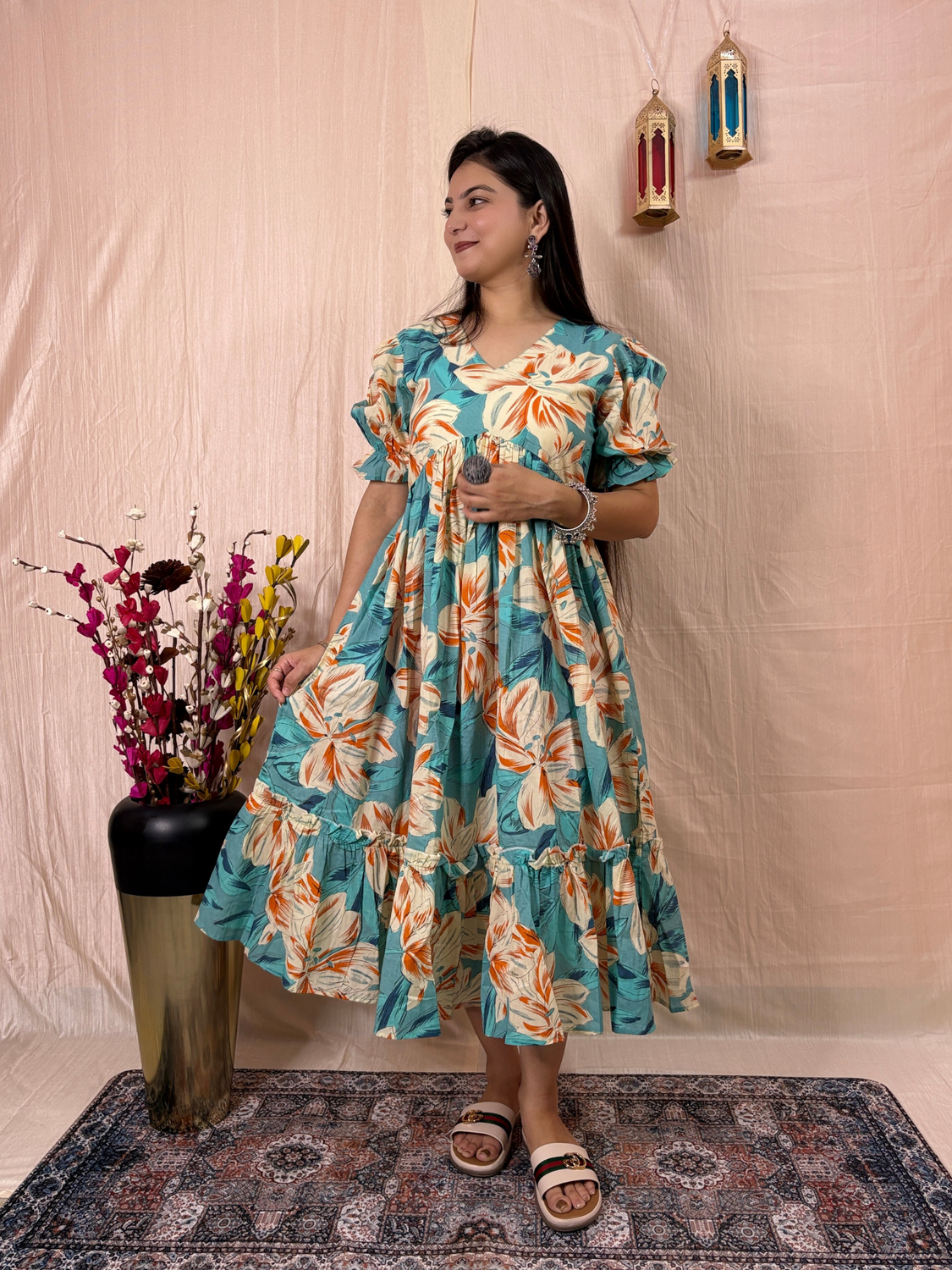 Aqua Tropical Floral Printed Pure Cotton Flared Midi Dress
