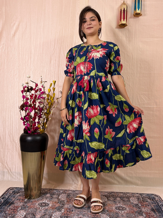 Midnight Bloom Printed Pure Cotton Flared Midi Dress