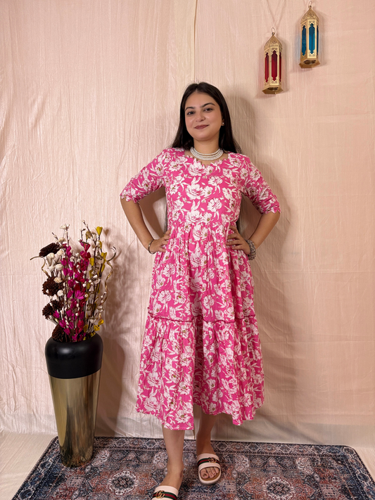 Bubblegum Pink Floral Printed Pure Cotton Tiered Midi Dress