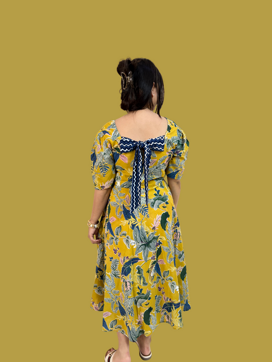 Golden Meadow Printed Pure Cotton Flared Midi Dress