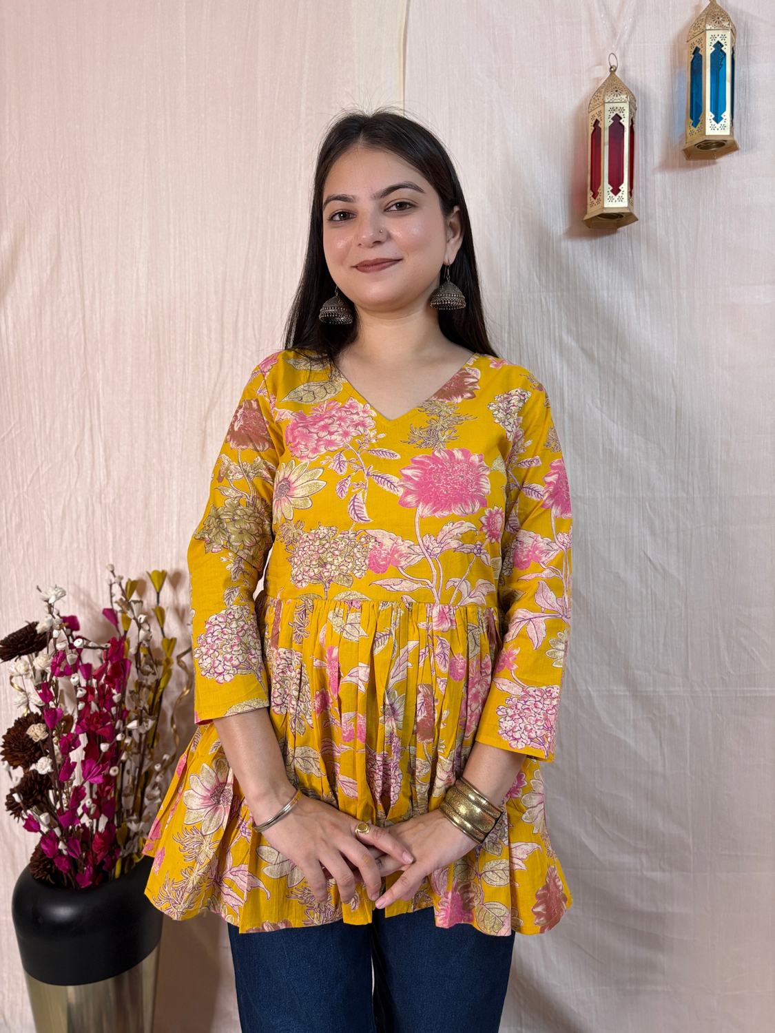 Marigold Bloom Printed Pure Cotton Peplum Tunic