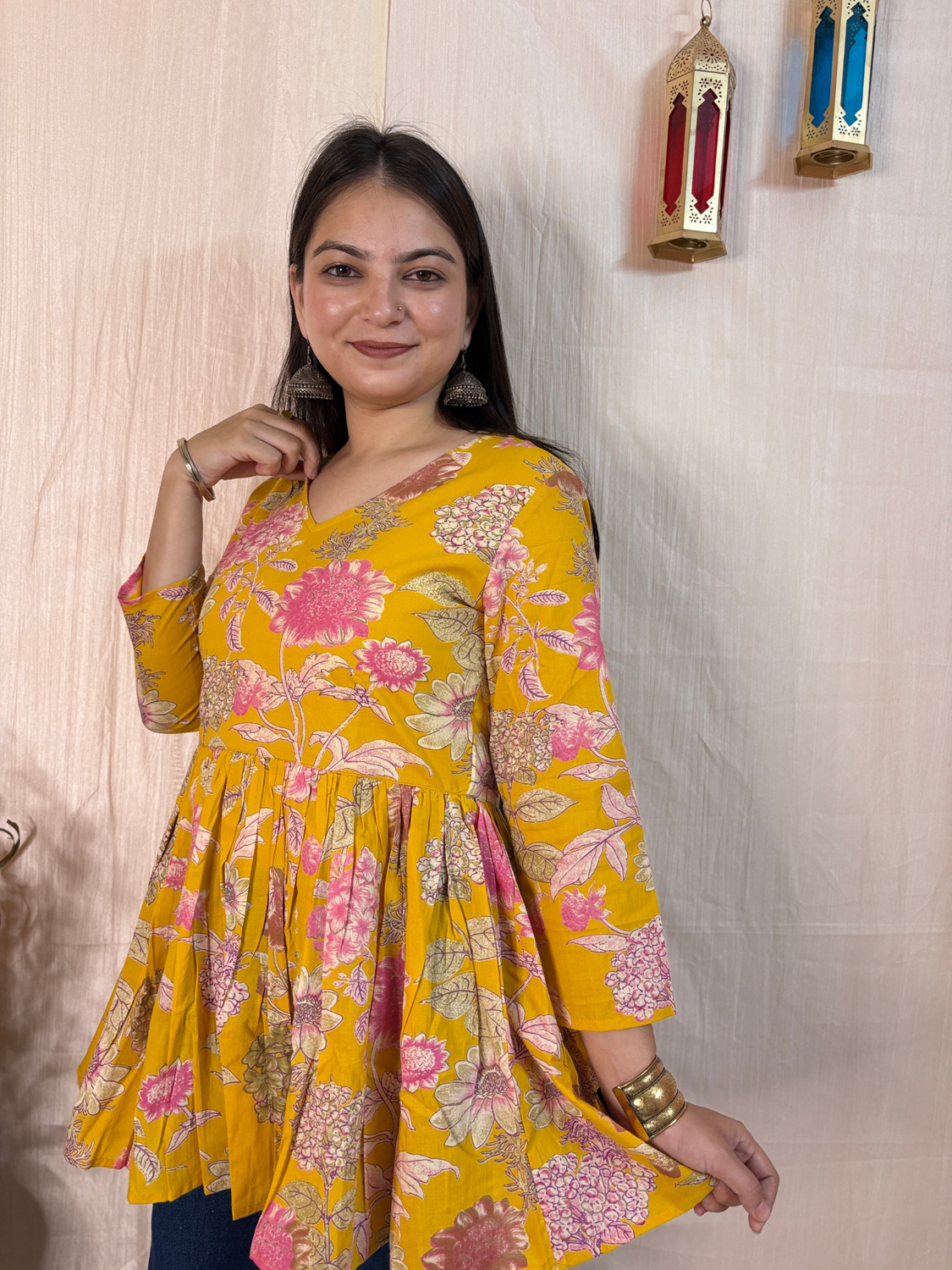 Marigold Bloom Printed Pure Cotton Peplum Tunic
