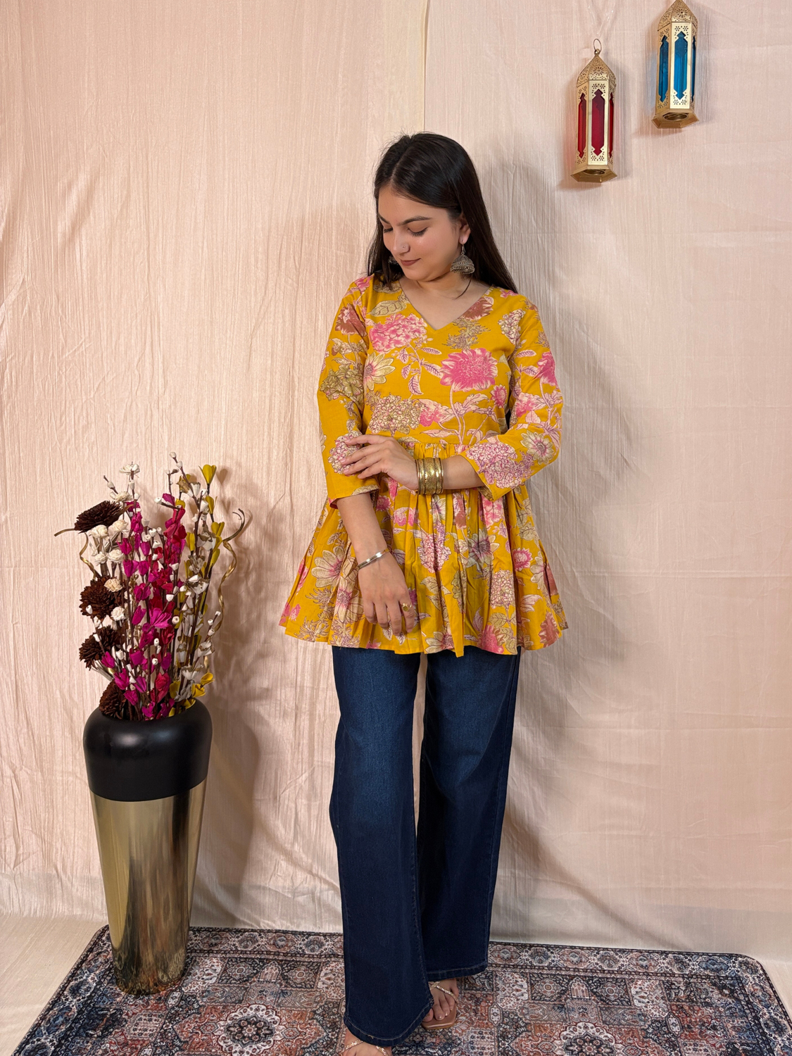 Marigold Bloom Printed Pure Cotton Peplum Tunic