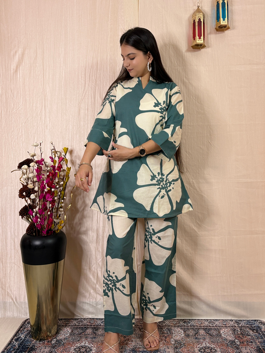 Emerald Bloom Printed Pure Cotton Co-Ord Set