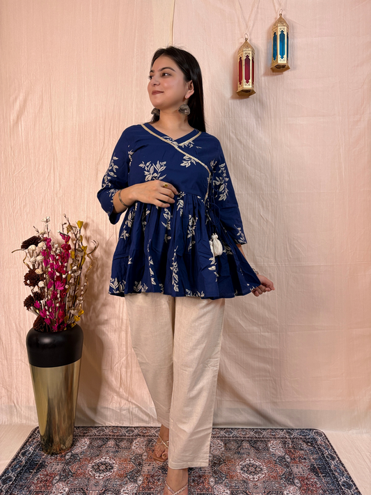 Navy Blue Bloom Angrakha Pure Cotton Tunic