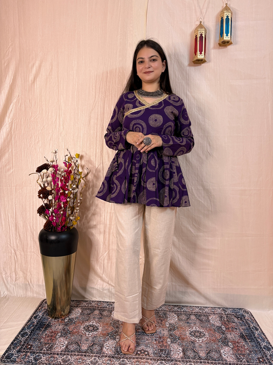 Regal Amethyst Printed Pure Cotton Angrakha Tunic