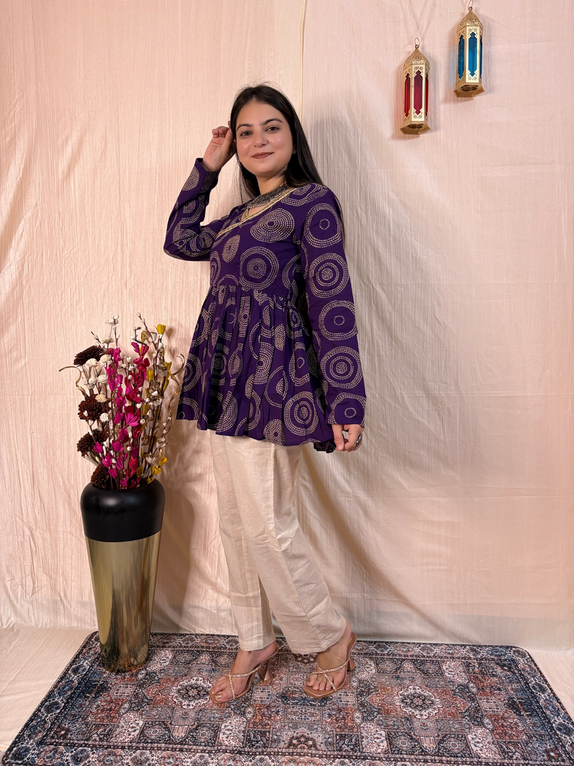 Regal Amethyst Printed Pure Cotton Angrakha Tunic