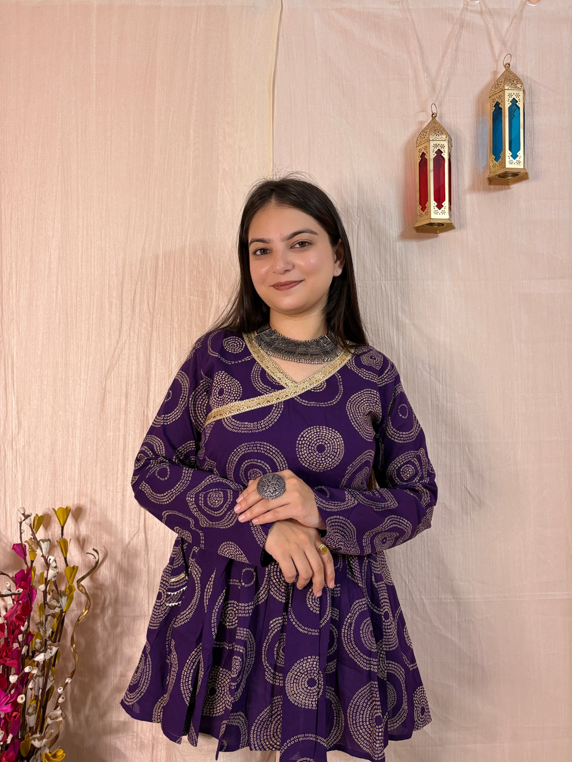 Regal Amethyst Printed Pure Cotton Angrakha Tunic