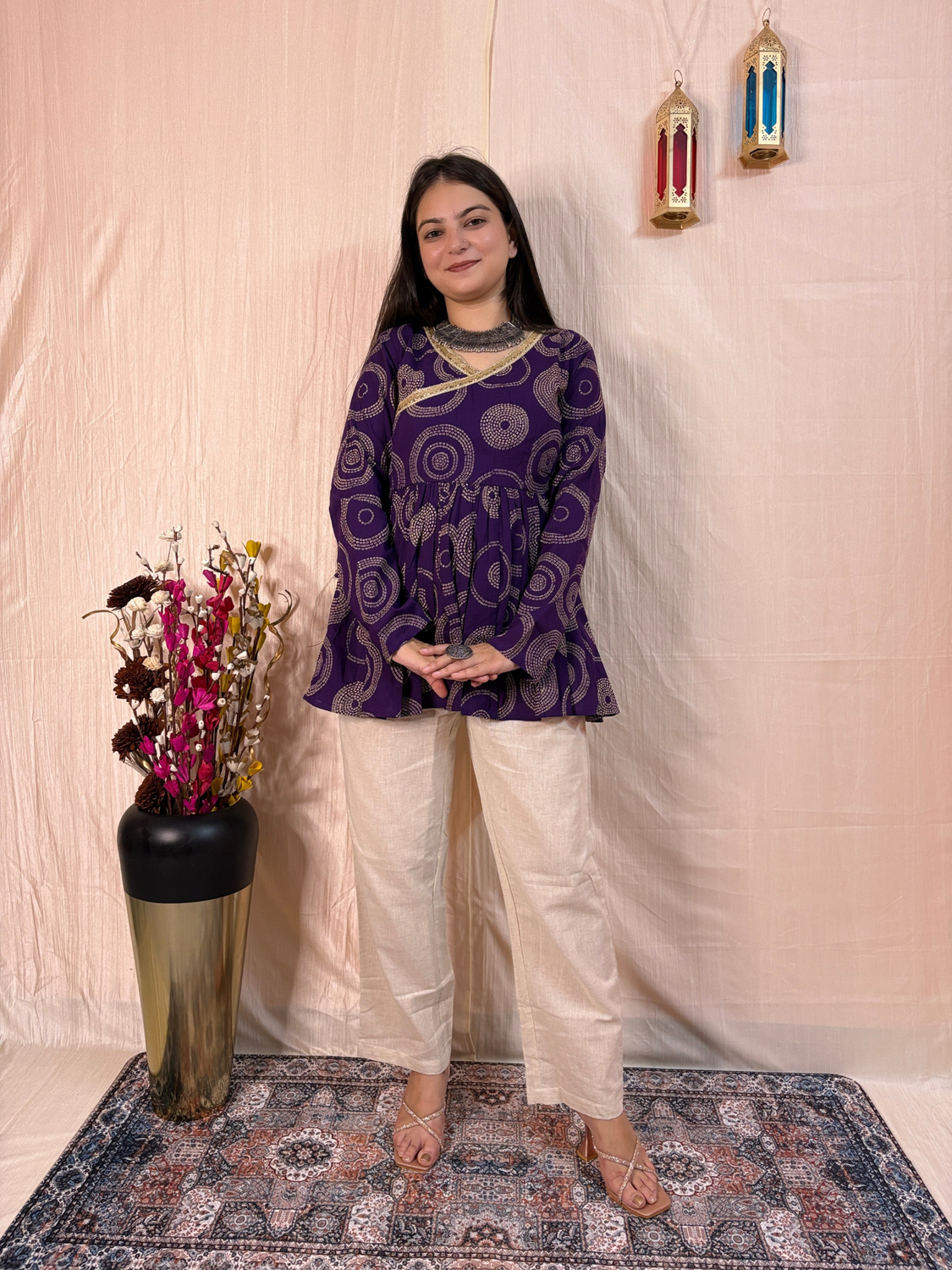 Regal Amethyst Printed Pure Cotton Angrakha Tunic