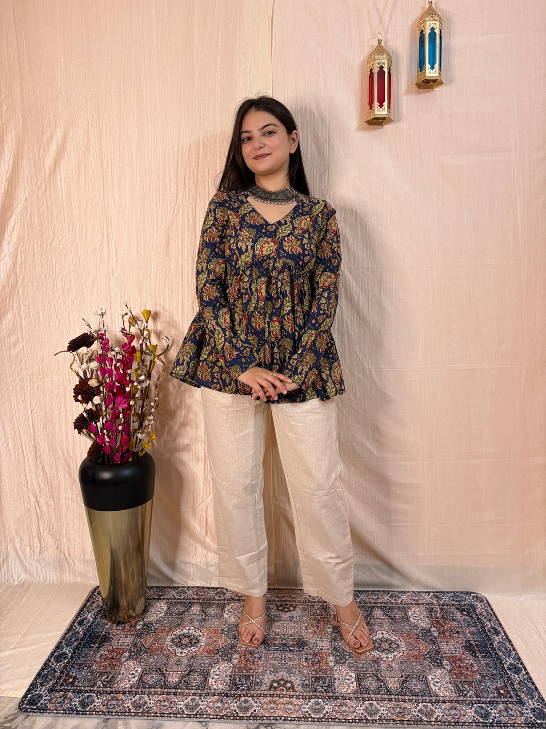 Midnight Garden Printed Pure Cotton Peplum Tunic
