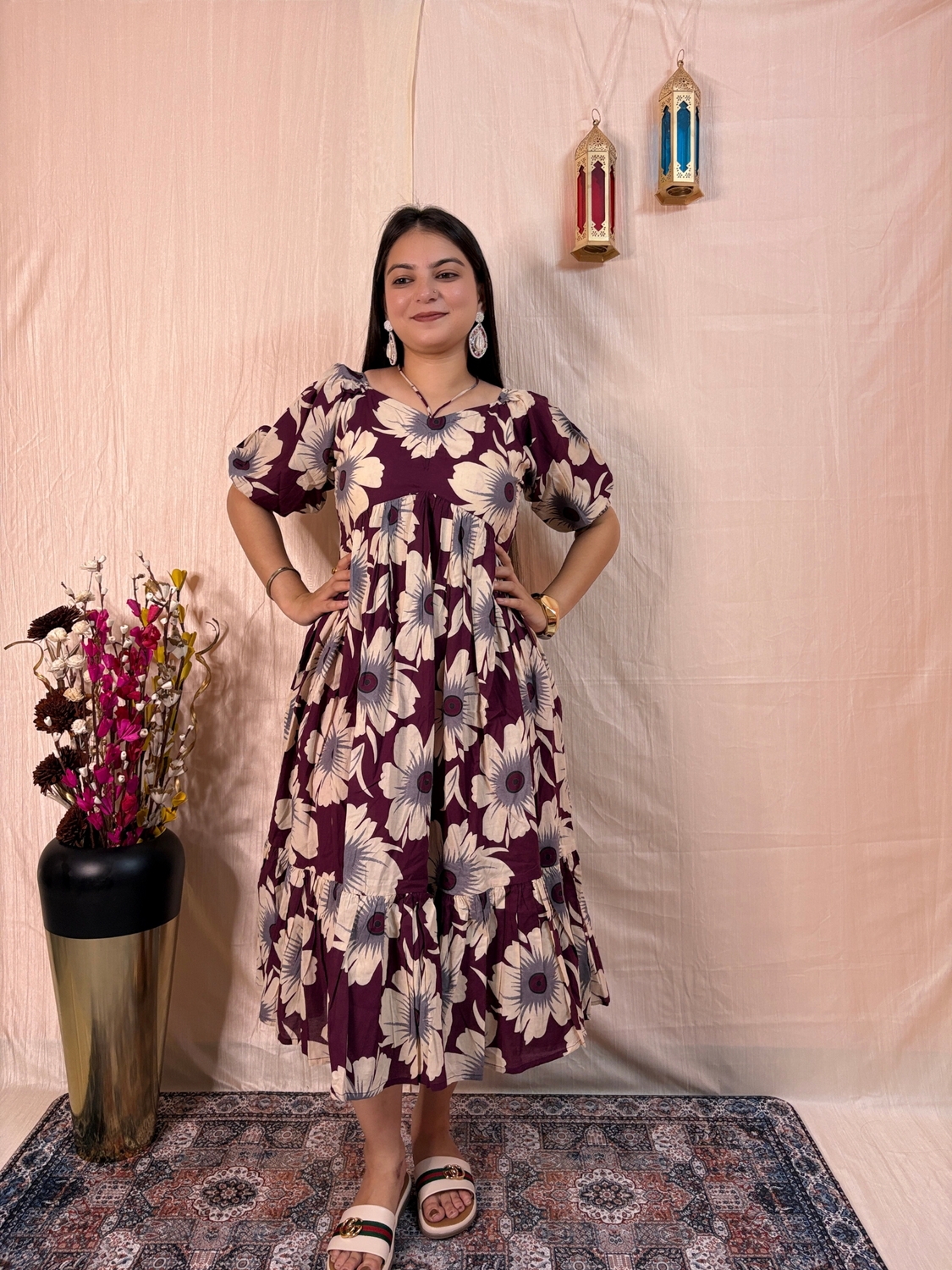 Plum Blossom Printed Pure Cotton Flared Midi Dress