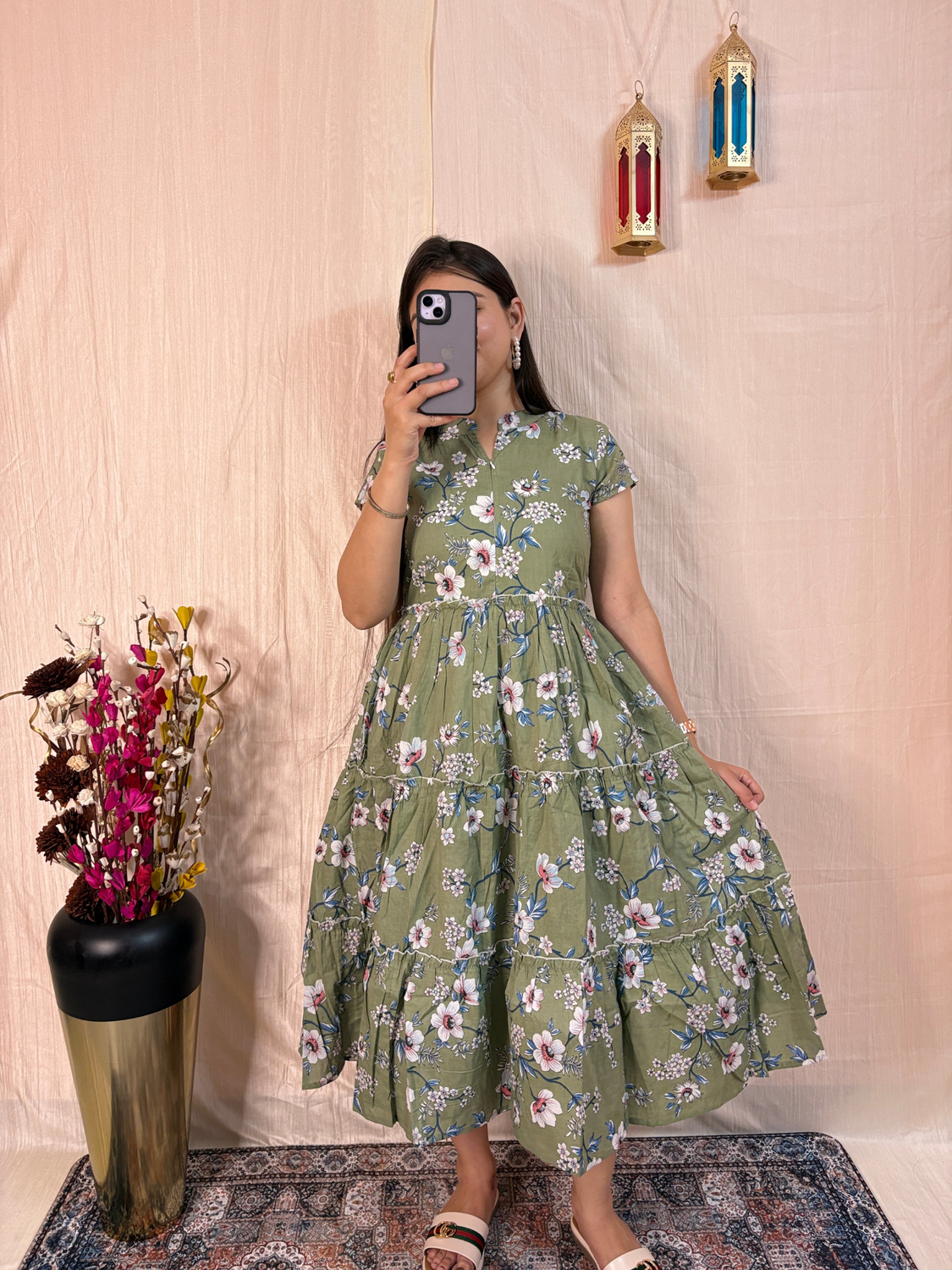 Sage Green Floral Printed Pure Cotton Tiered Midi Dress
