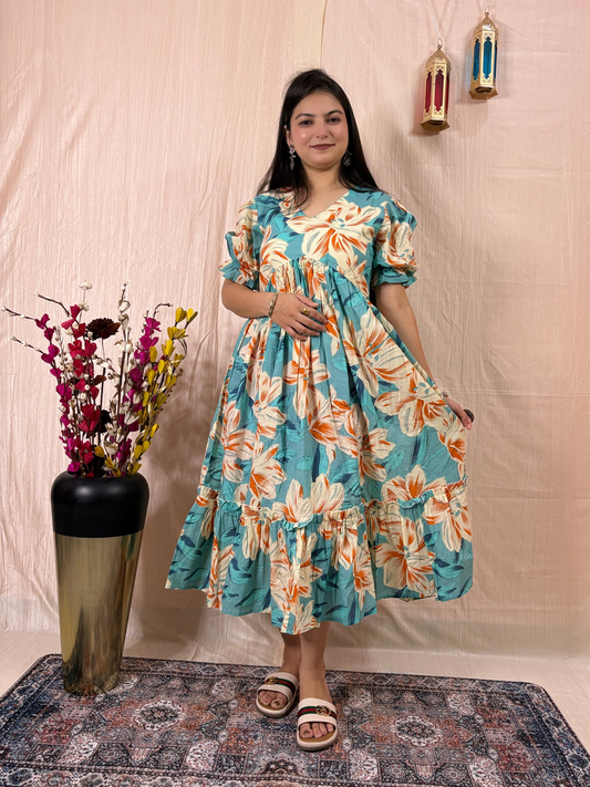 Aqua Tropical Floral Printed Pure Cotton Flared Midi Dress