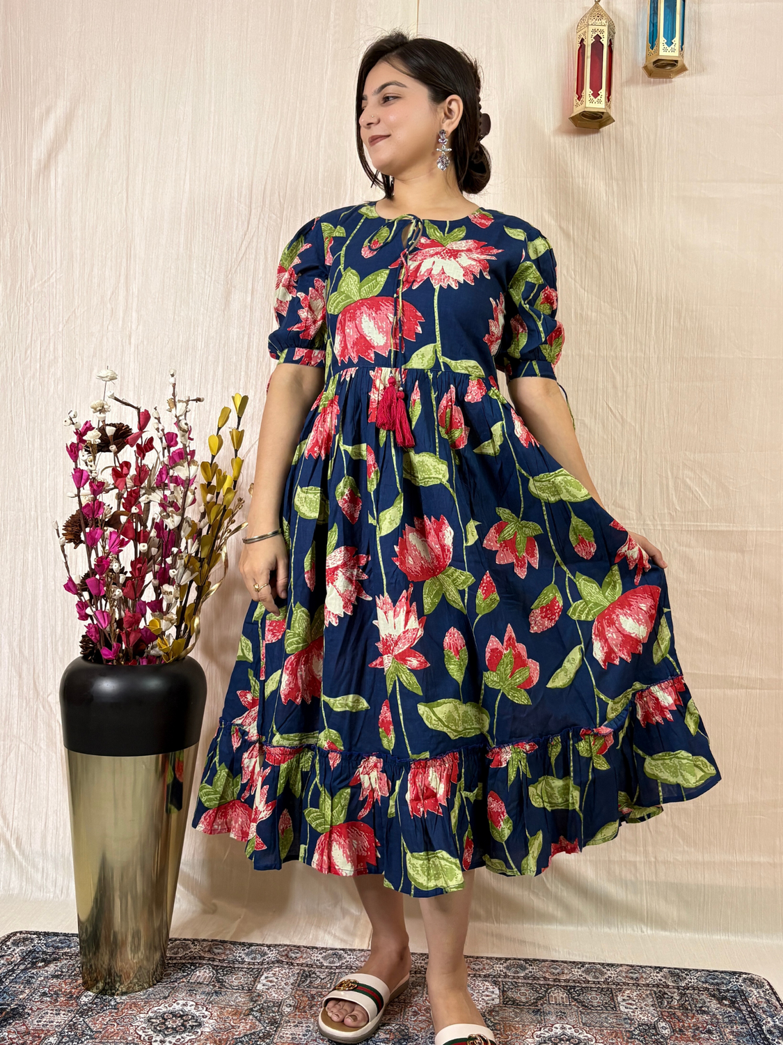 Midnight Bloom Printed Pure Cotton Flared Midi Dress