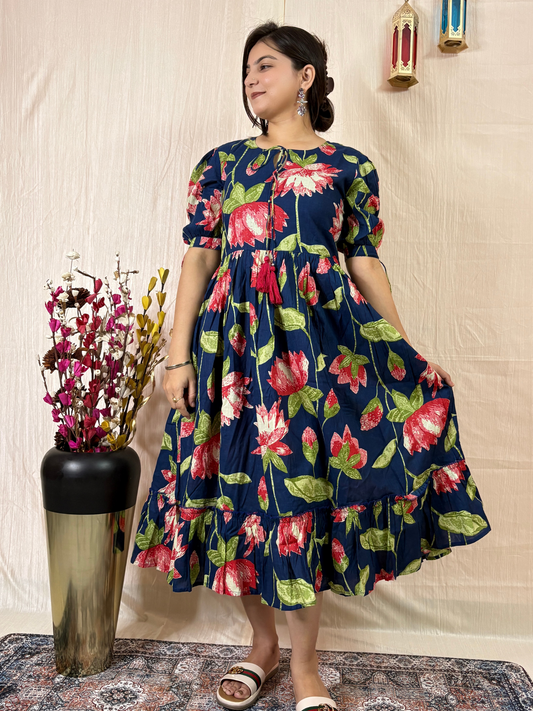Midnight Bloom Printed Pure Cotton Flared Midi Dress