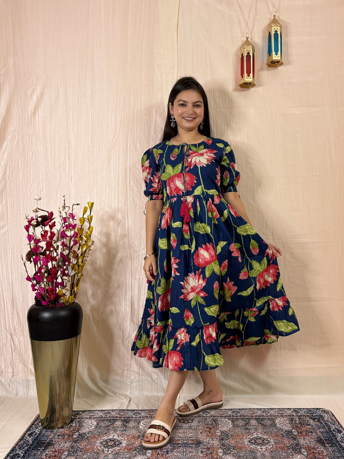 Midnight Bloom Printed Pure Cotton Flared Midi Dress