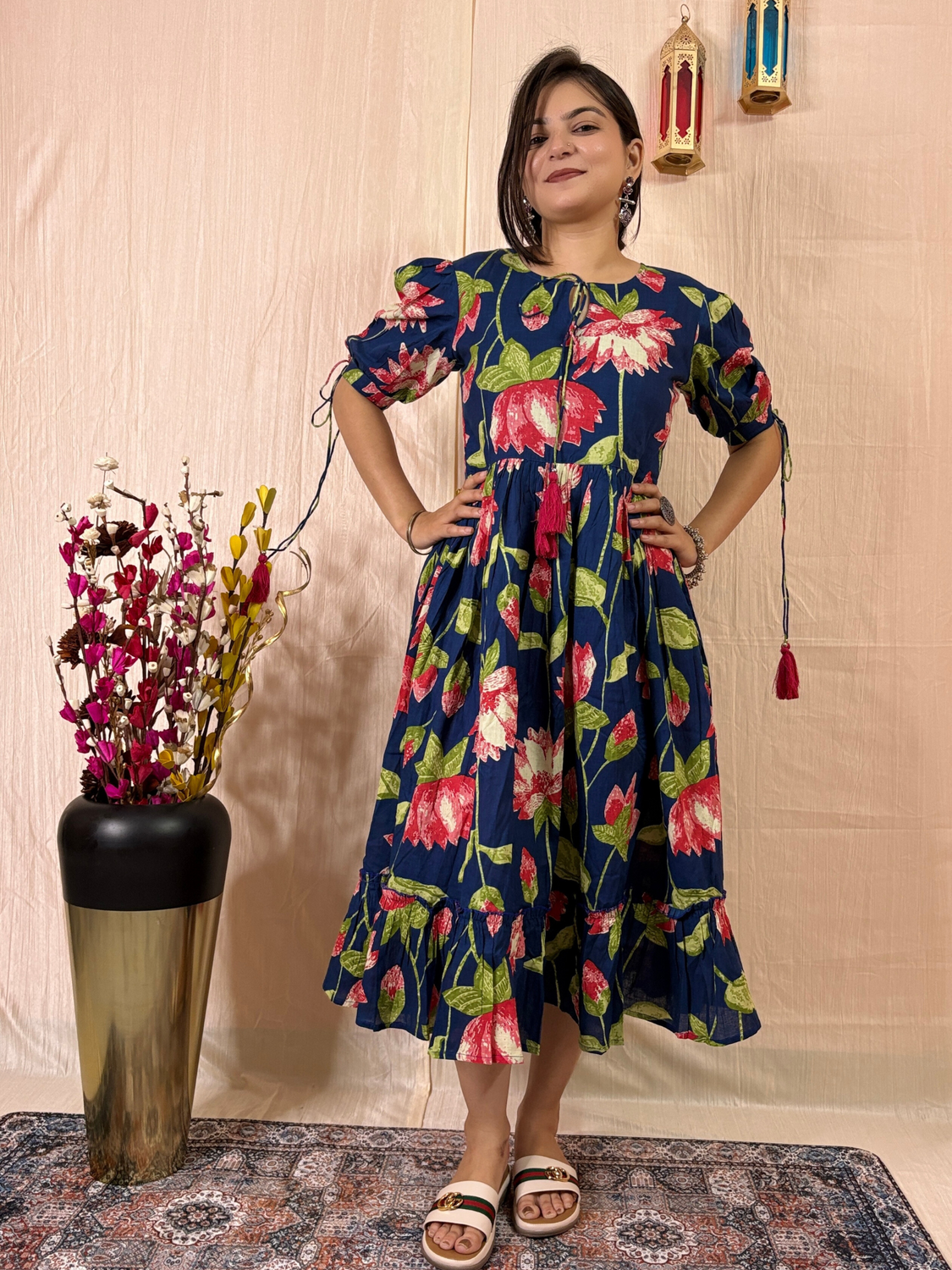 Midnight Bloom Printed Pure Cotton Flared Midi Dress