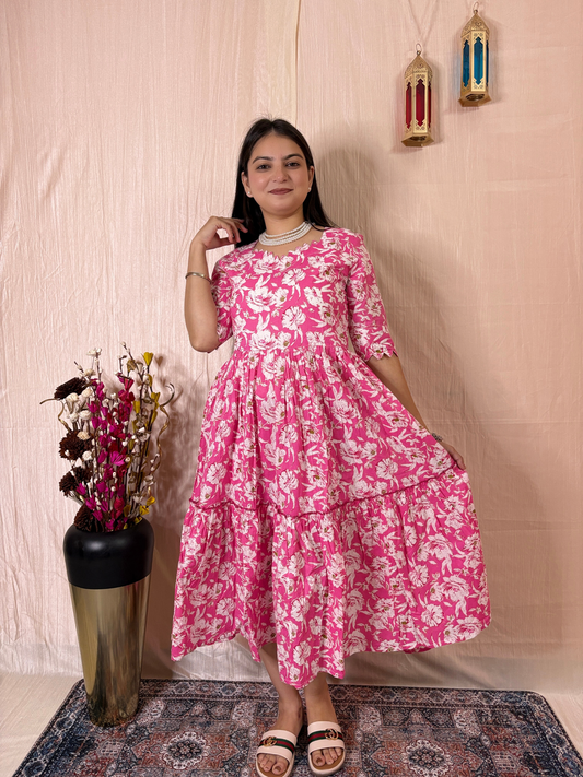 Bubblegum Pink Floral Printed Pure Cotton Tiered Midi Dress
