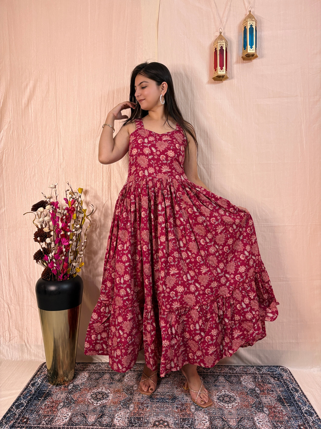 Pink Floral Printed Pure Cotton Tiered Maxi Dress
