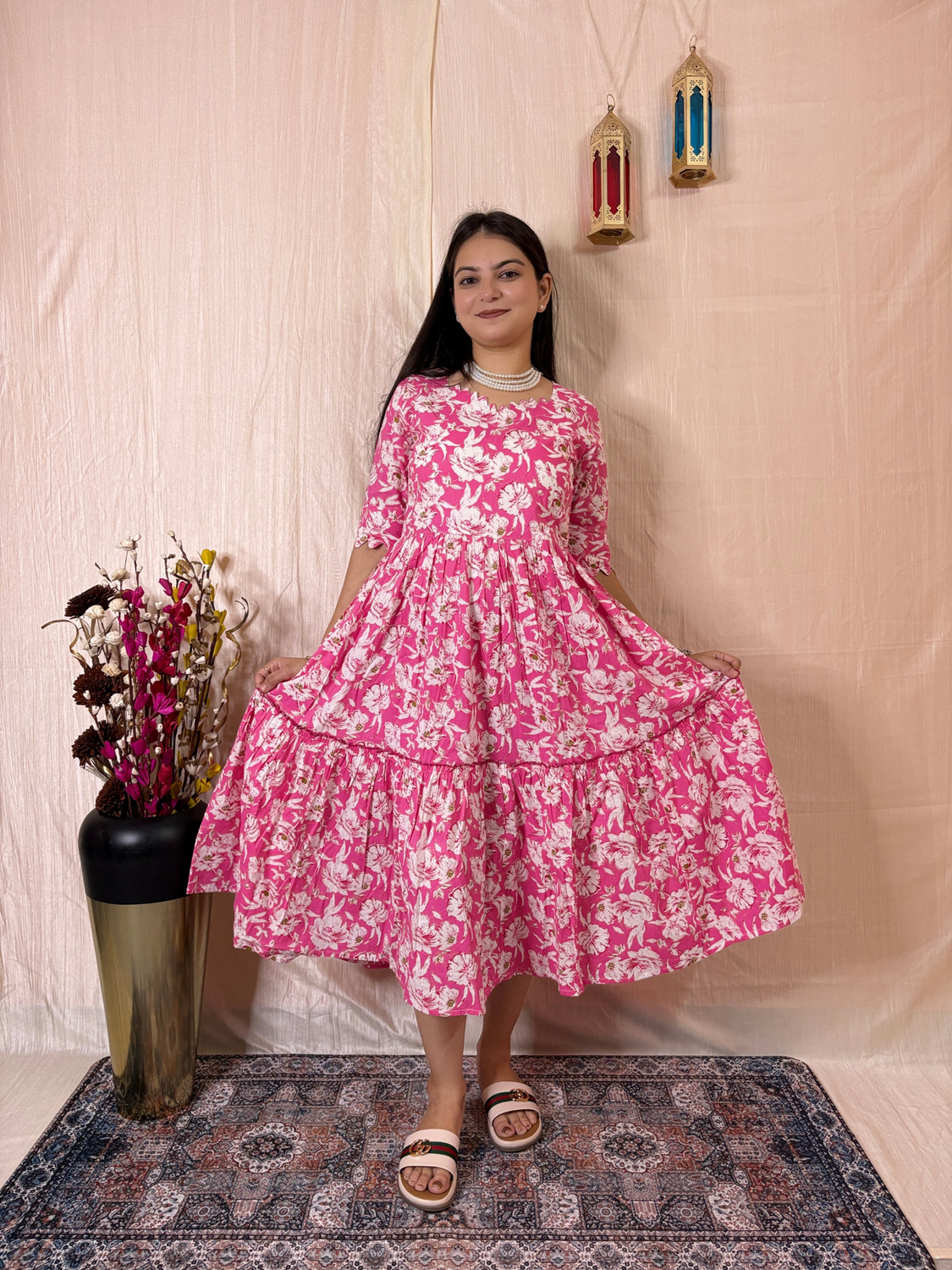 Bubblegum Pink Floral Printed Pure Cotton Tiered Midi Dress