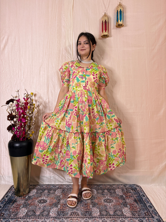Sunshine Garden Printed Pure Cotton Tiered Midi Dress