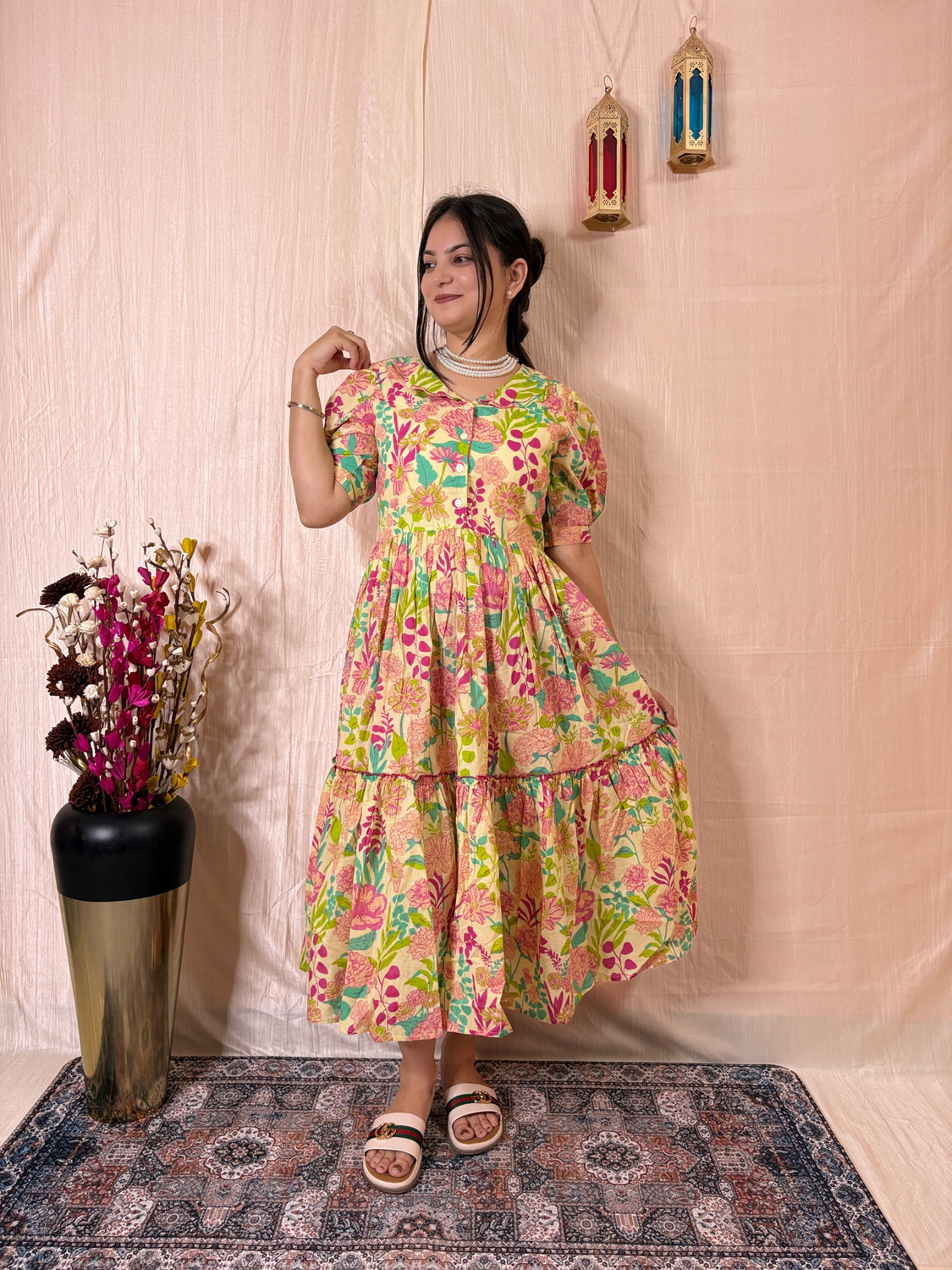 Sunshine Garden Printed Pure Cotton Tiered Midi Dress