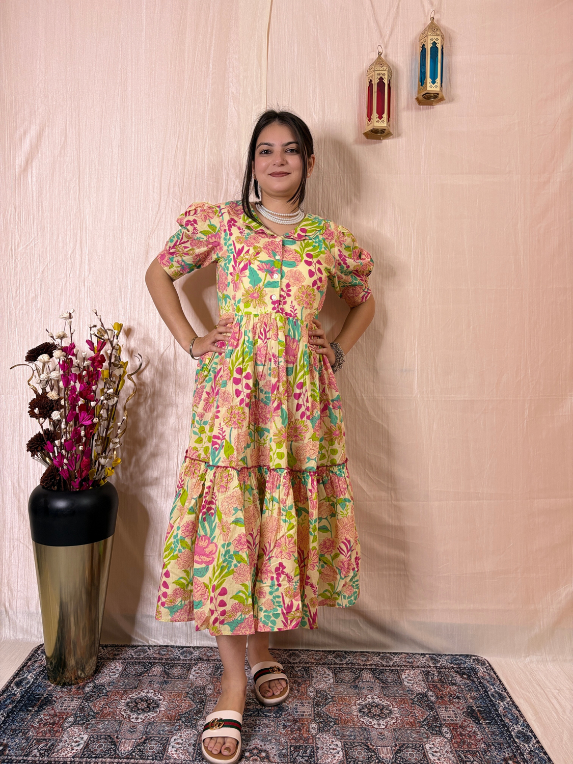 Sunshine Garden Printed Pure Cotton Tiered Midi Dress