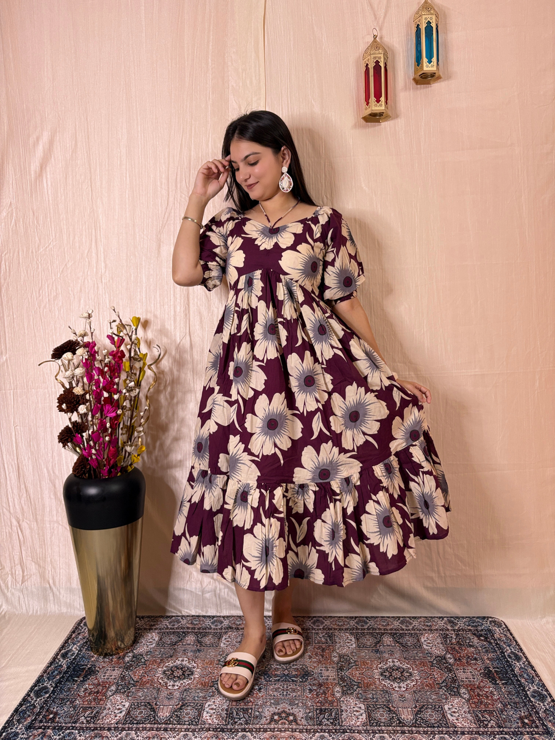 Plum Blossom Printed Pure Cotton Flared Midi Dress