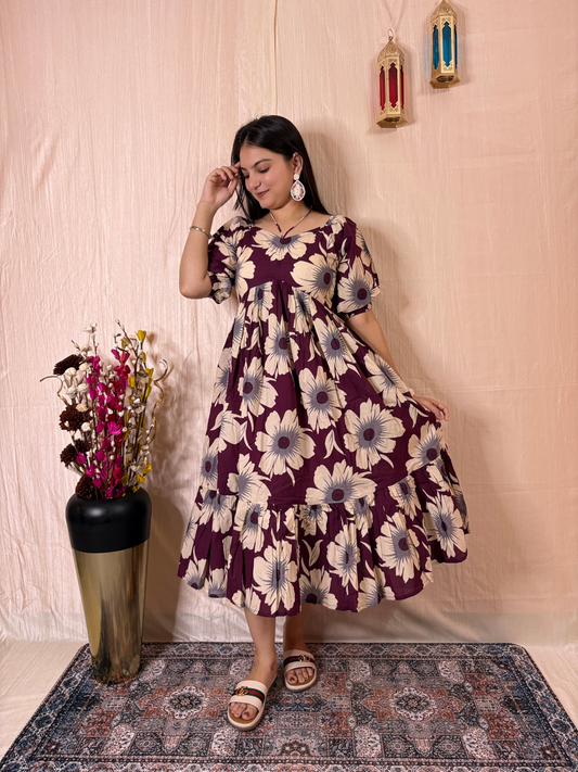 Plum Blossom Printed Pure Cotton Flared Midi Dress