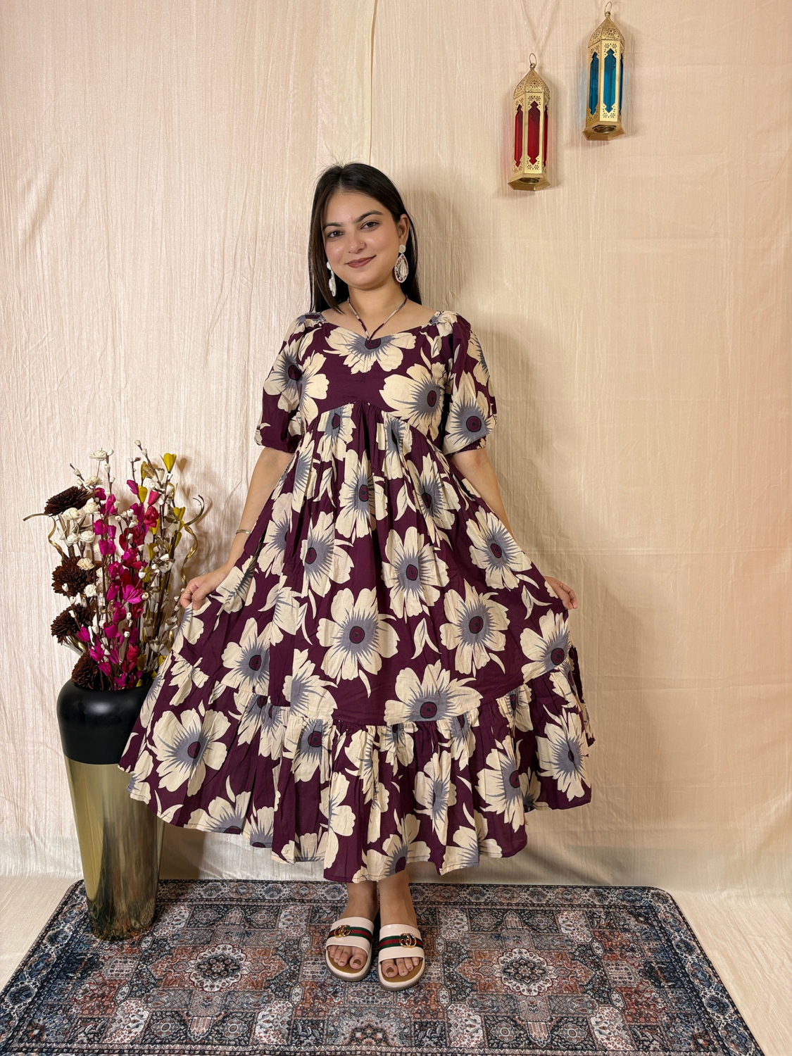 Plum Blossom Printed Pure Cotton Flared Midi Dress
