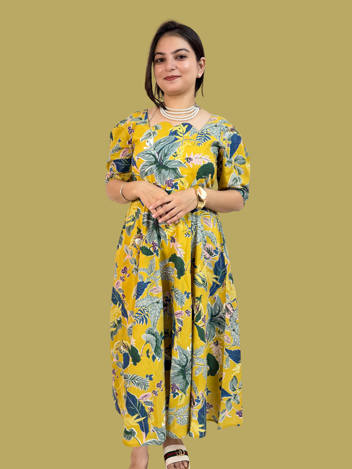 Golden Meadow Printed Pure Cotton Flared Midi Dress