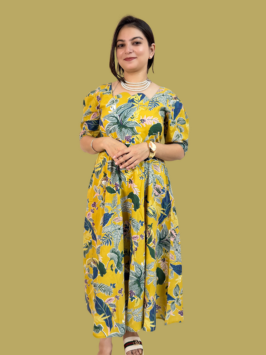 Golden Meadow Printed Pure Cotton Flared Midi Dress
