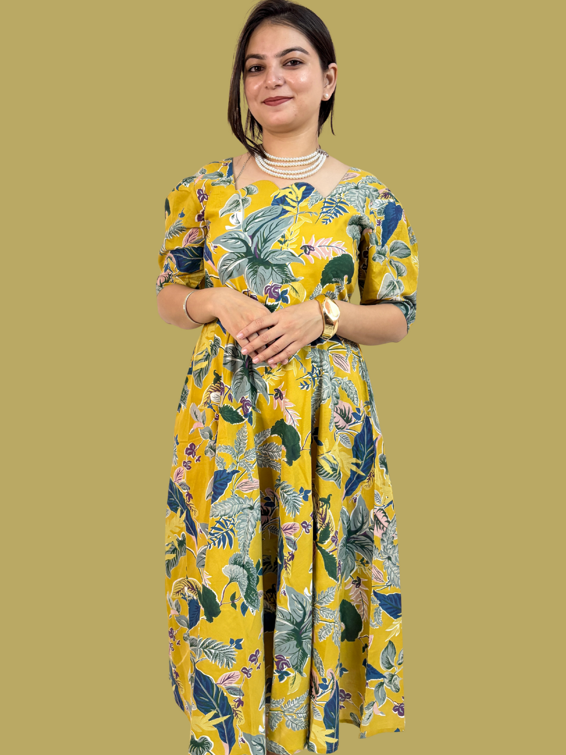 Golden Meadow Printed Pure Cotton Flared Midi Dress