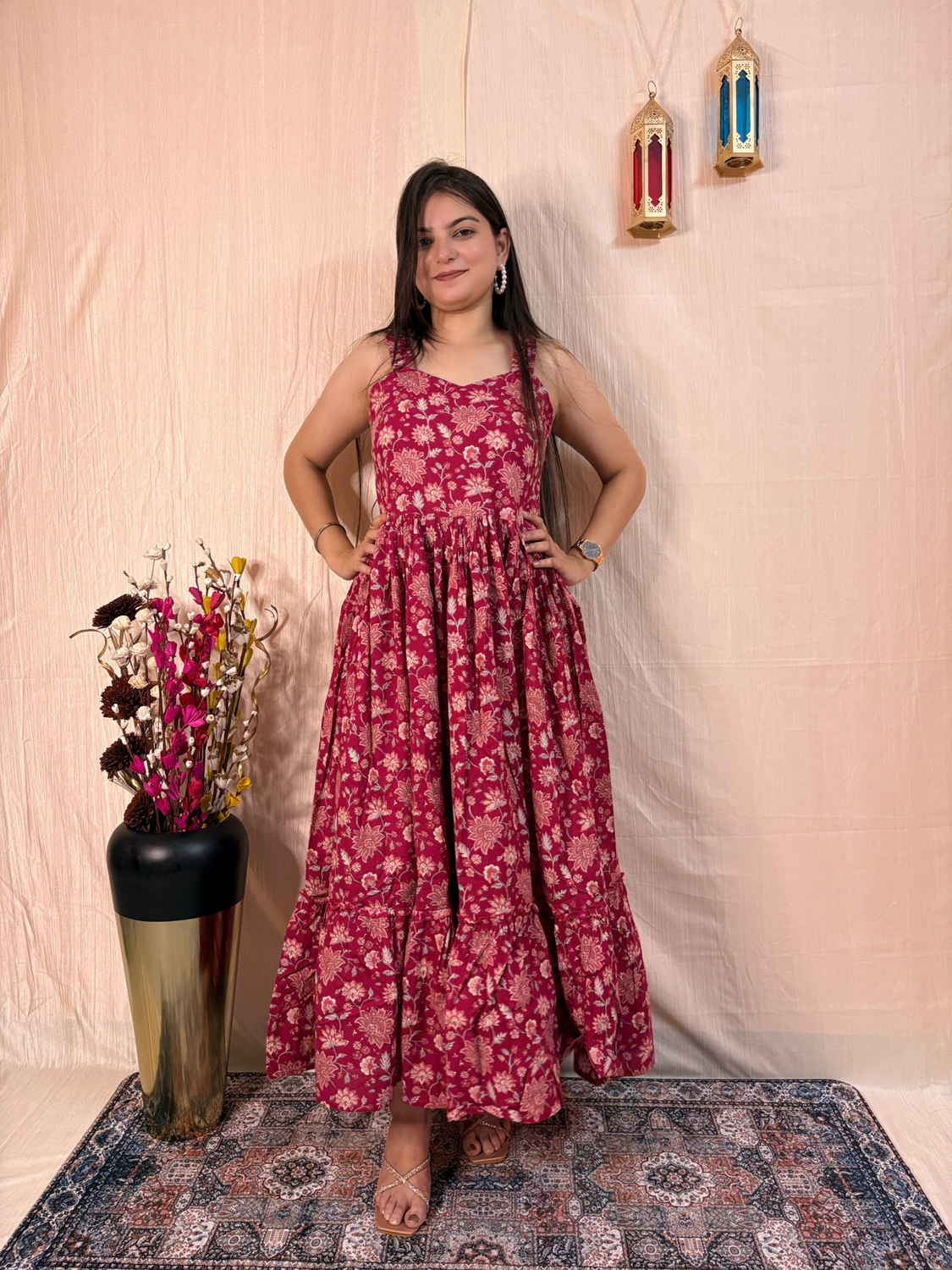 Pink Floral Printed Pure Cotton Tiered Maxi Dress