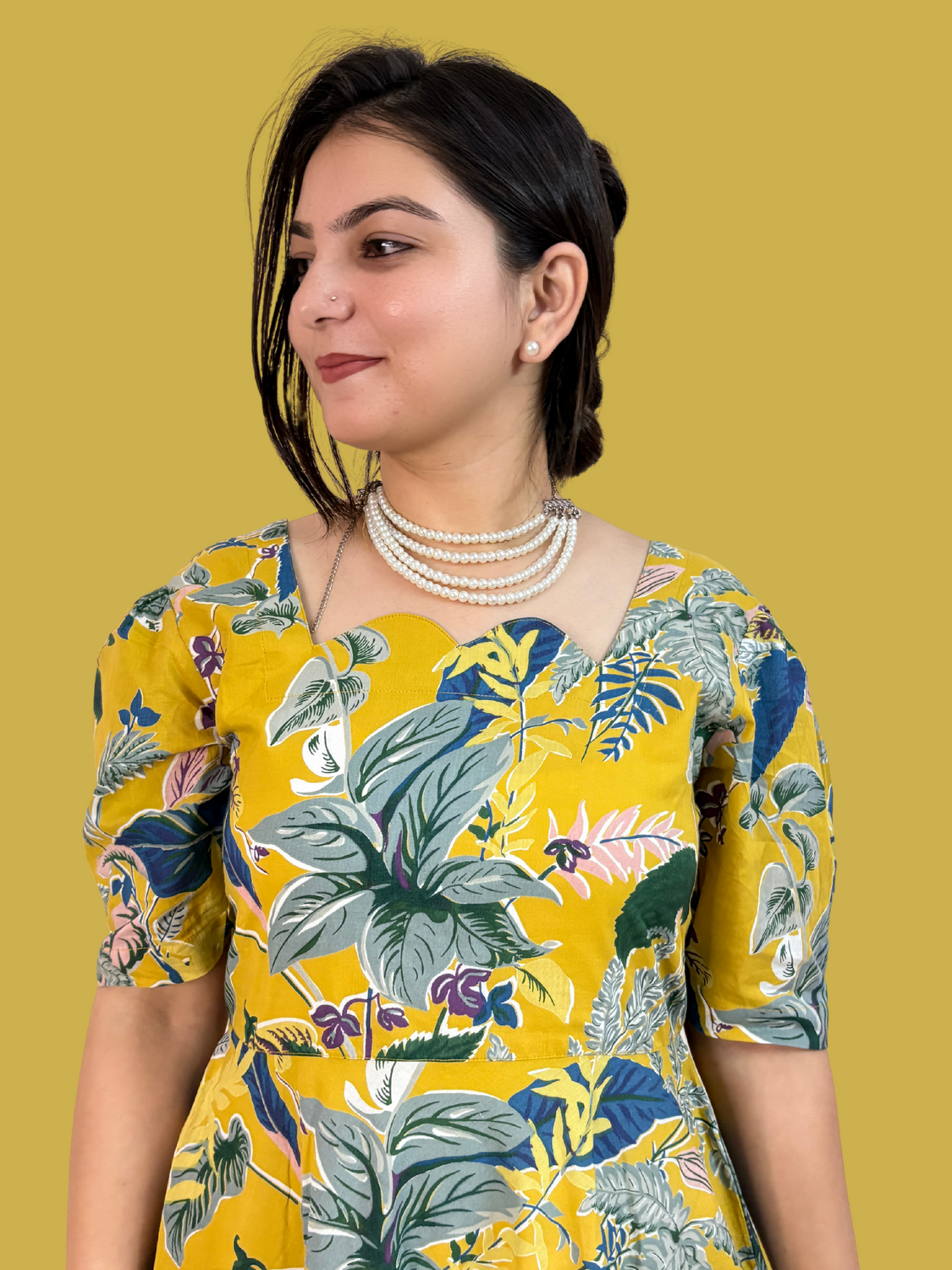 Golden Meadow Printed Pure Cotton Flared Midi Dress
