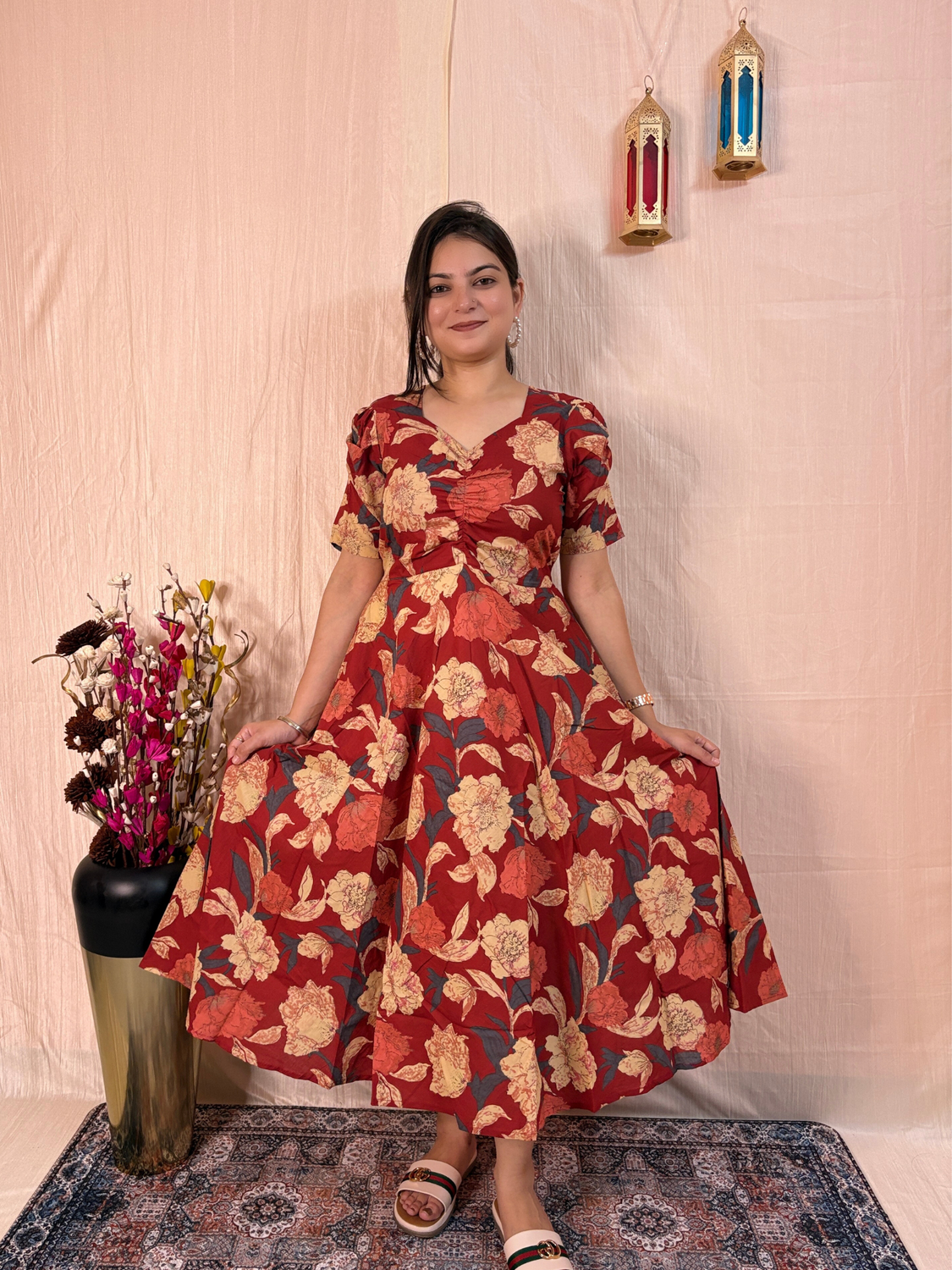 Red Floral Printed Pure Cotton Fit & Flare Midi Dress