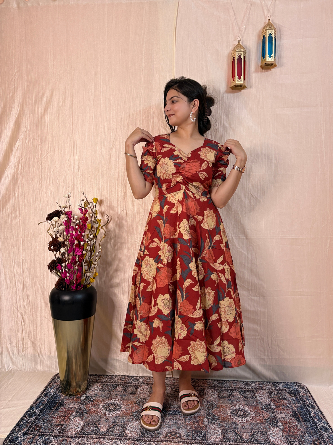 Red Floral Printed Pure Cotton Fit & Flare Midi Dress