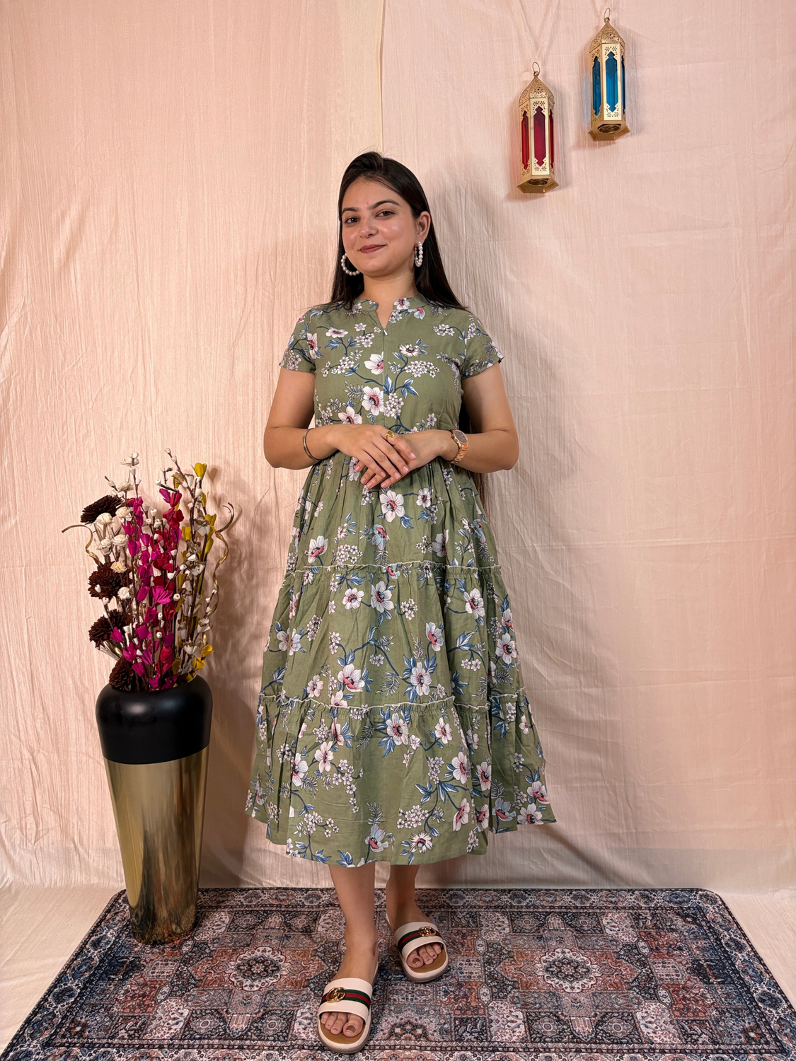 Sage Green Floral Printed Pure Cotton Tiered Midi Dress