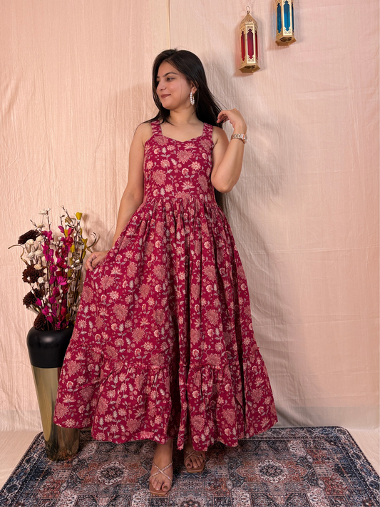 Pink Floral Printed Pure Cotton Tiered Maxi Dress