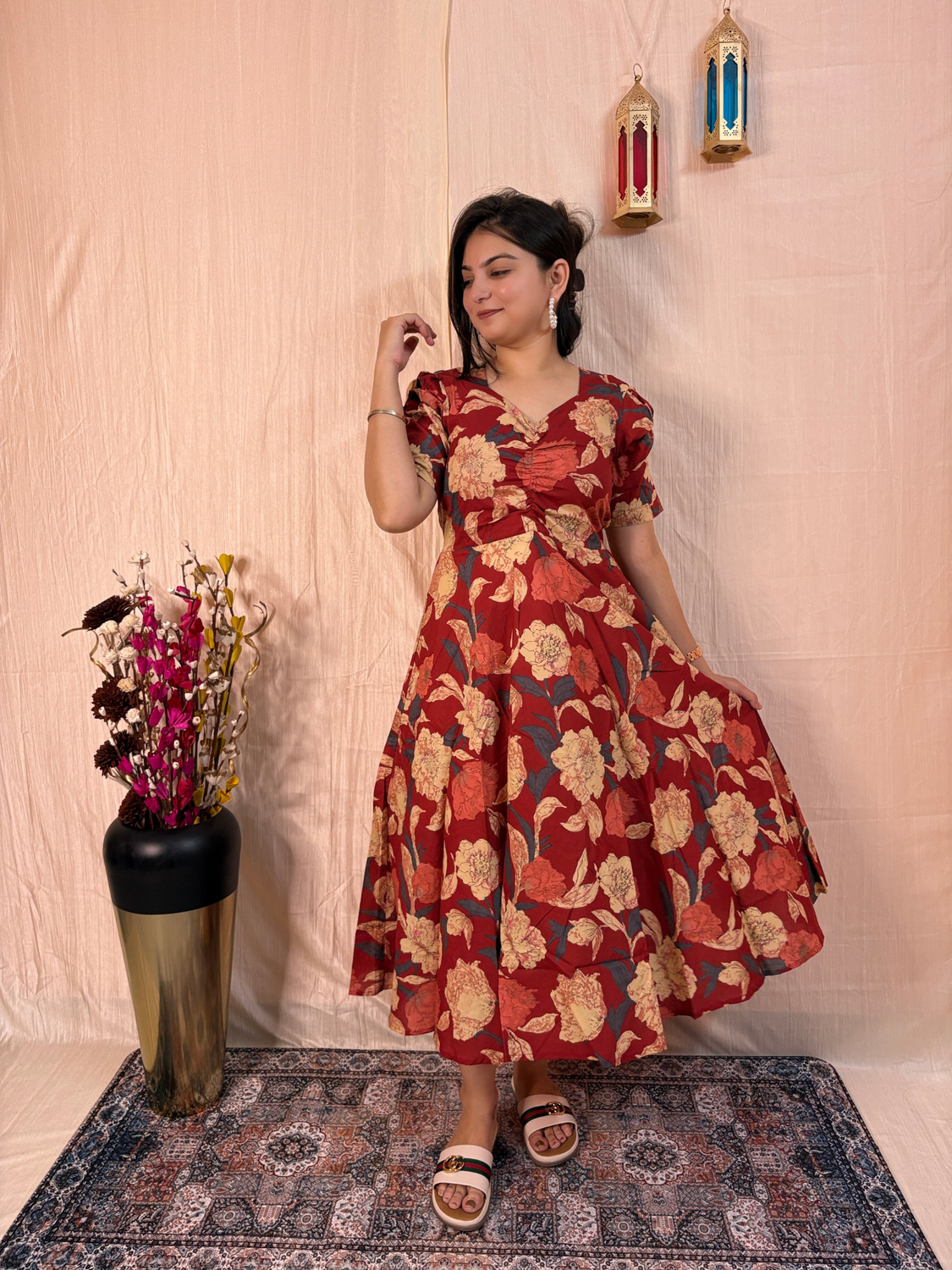 Red Floral Printed Pure Cotton Fit & Flare Midi Dress