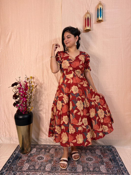 Red Floral Printed Pure Cotton Fit & Flare Midi Dress