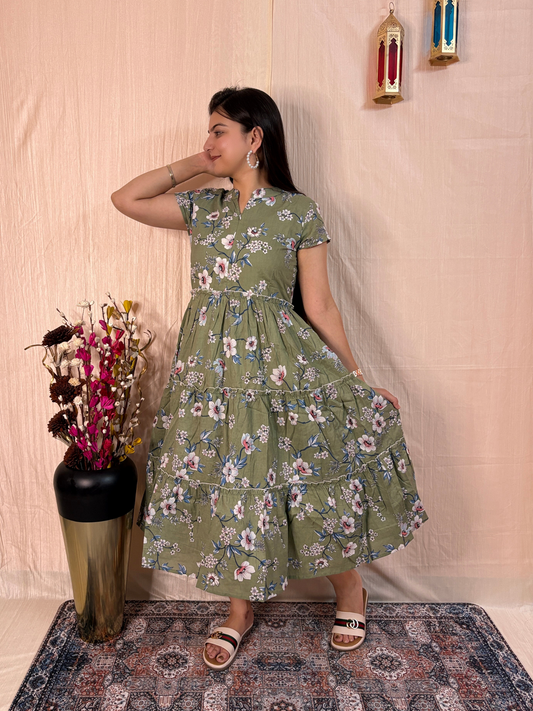 Sage Green Floral Printed Pure Cotton Tiered Midi Dress